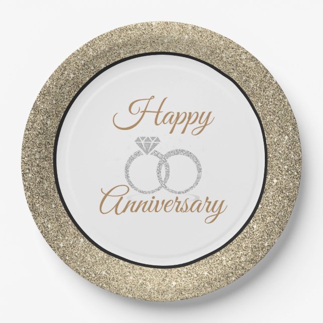 Happy Anniversary Gold Glitter 9" Paper Plates (Front)
