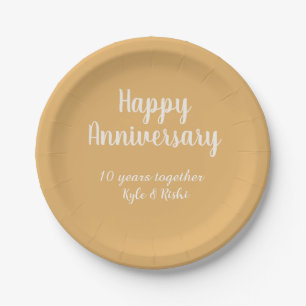 Happy anniversary golden white 10 years name date paper plates