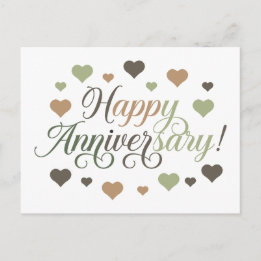 Happy Anniversary Green Brown Hearts Rustic Elegan Postcard