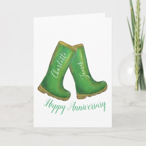 Happy Anniversary green gardening welly boot Card