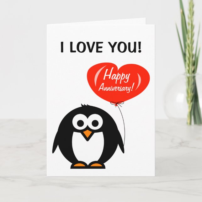 Happy Anniversary greeting card with cute penguin (Front)