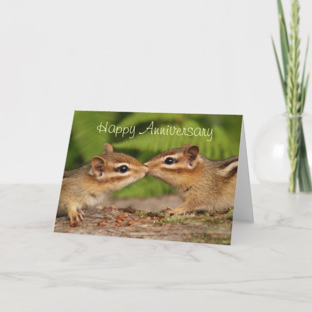 Happy Anniversary Kissing Baby Chipmunks Card (Front)