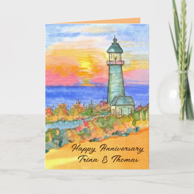 Happy Anniversary Lighthouse Sunset Personalized Card (Front)