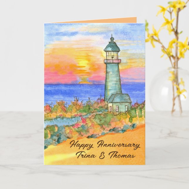 Happy Anniversary Lighthouse Sunset Personalized Card (Yellow Flower)