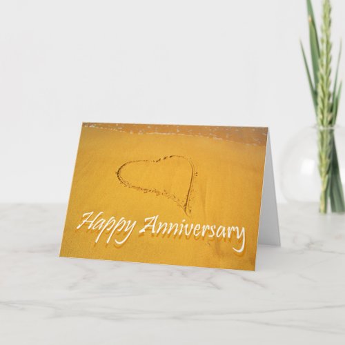 Happy Anniversary Love heart drawn in the sand Card