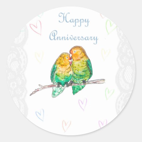 Happy anniversary lovebirds watercolour design classic round sticker