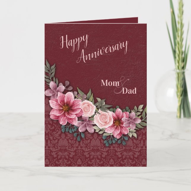 Happy Anniversary Mom and Dad Pink Roses Damask Card (Front)
