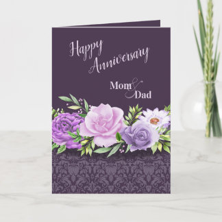 Happy Anniversary Mom and Dad Purple Roses Damask Card