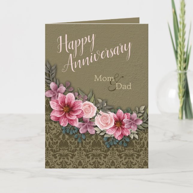 Happy Anniversary Mom Dad Red Pink on StoneDamask Card (Front)