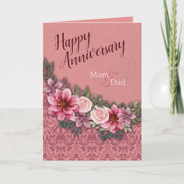 Happy Anniversary Mom Dad Red Pink onPink Damask Card (Front)