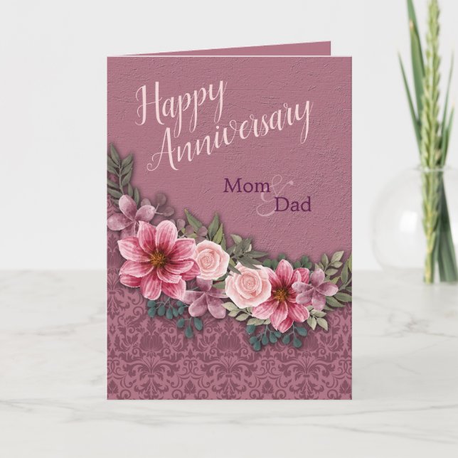 Happy Anniversary Mom Dad Red Pink Roses on Damask Card (Front)