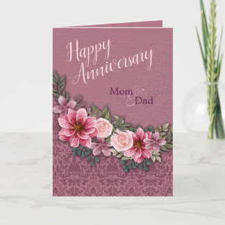 Happy Anniversary Mom Dad Red Pink Roses on Damask Card
