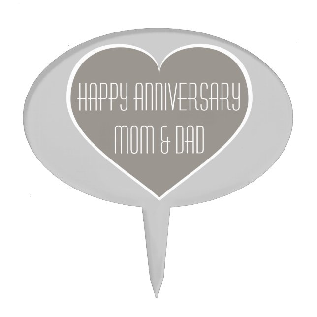 Happy Anniversary Mom & Dad silver and white heart Cake Topper (Front)