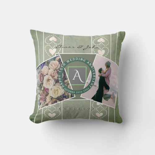 Happy Anniversary Monogram 2 Custom Photos Throw Pillow