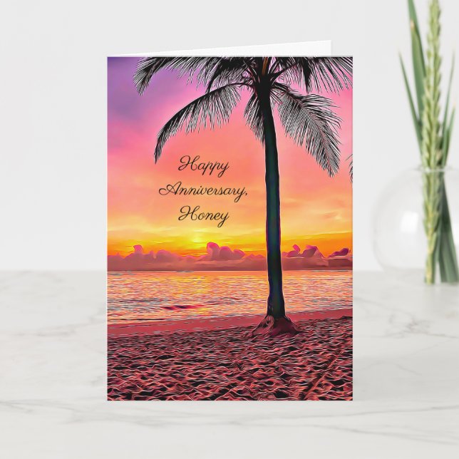 Happy Anniversary Palm Tree at Sunset Ocean Breeze Holiday Card (Front)