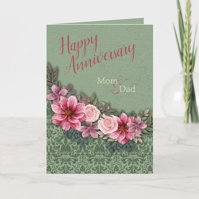 Happy Anniversary Parents Red Pink on Green Damask Card (Front)