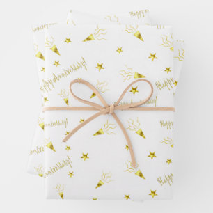 Happy anniversary pattern gold stars party poppers wrapping paper sheets