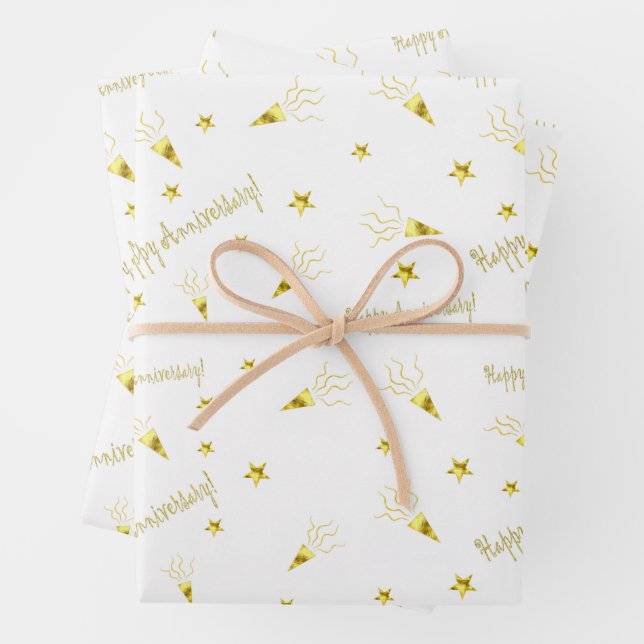 Happy anniversary pattern gold stars party poppers wrapping paper sheets (In situ)