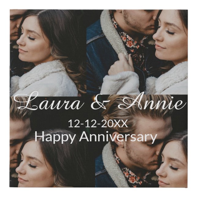 Happy anniversary photo collage name date simple w faux canvas print (Front)