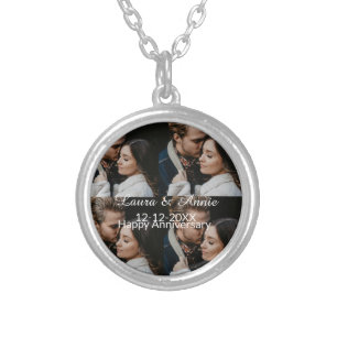 Happy anniversary photo collage name date simple w silver plated necklace
