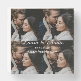 Happy anniversary photo collage name date simple w wooden box sign