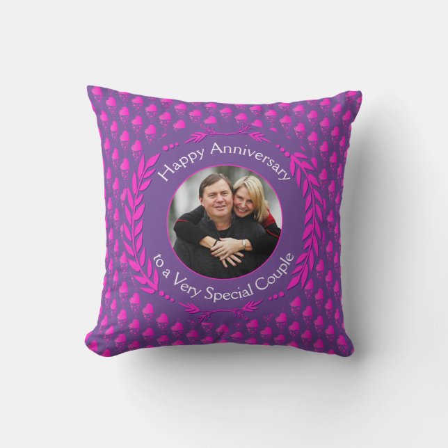 HAPPY ANNIVERSARY Photo | Lilac Hot Pink Hearts Throw Pillow (Front)