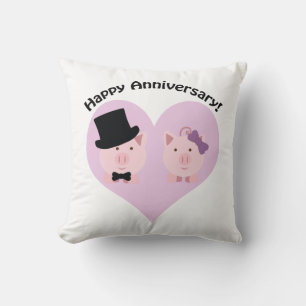 Happy Anniversary Pig Couple Throw Pillow