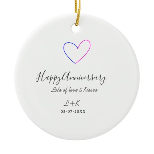 Happy anniversary pink blue heart name date simple ceramic ornament