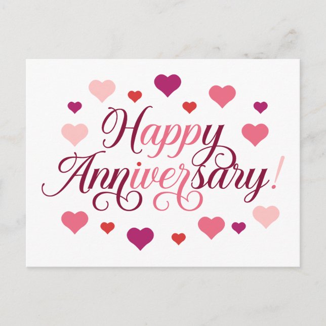 Happy Anniversary Pink Burgundy Hearts Romantic Postcard (Front)