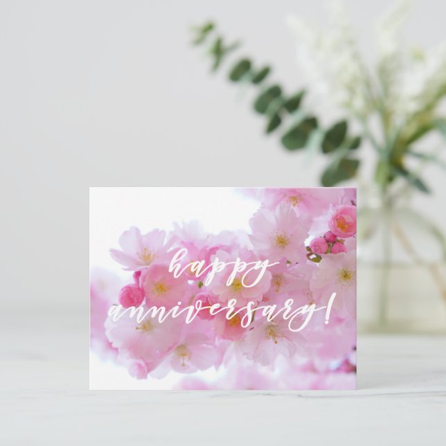 Happy Anniversary! Pink Cherry Flower - Photo Postcard (Standing Front)
