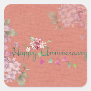 Happy Anniversary Pink Floral Square Sticker