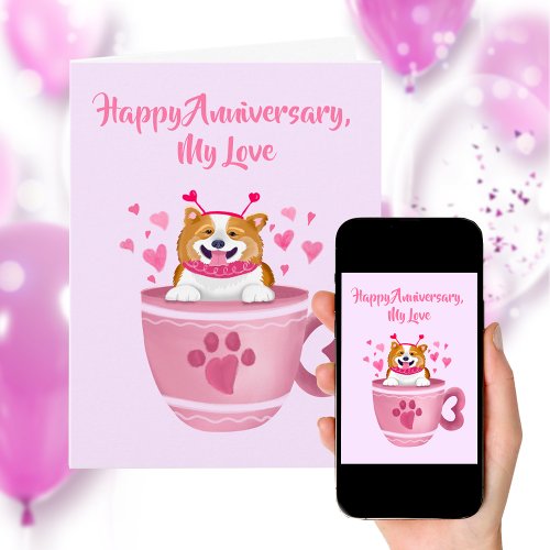 Happy Anniversary Pink Hearts Corgi Card
