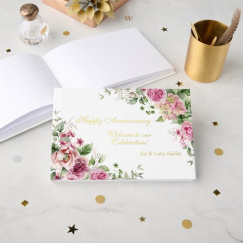 Happy Anniversary Pink Rose Border  Foil Guest Book