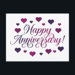 Happy Anniversary Purple Hearts Romantic Elegant Postcard<br><div class="desc">Celebrate your special anniversary milestone with this elegant romantic design featuring beautiful purple and burgundy hearts arranged on a soft white background. The flowing script typography adds a touch of sophistication perfect for expressing your love. This anniversary card is ideal for couples celebrating their wedding anniversary, relationship milestones, or romantic...</div>