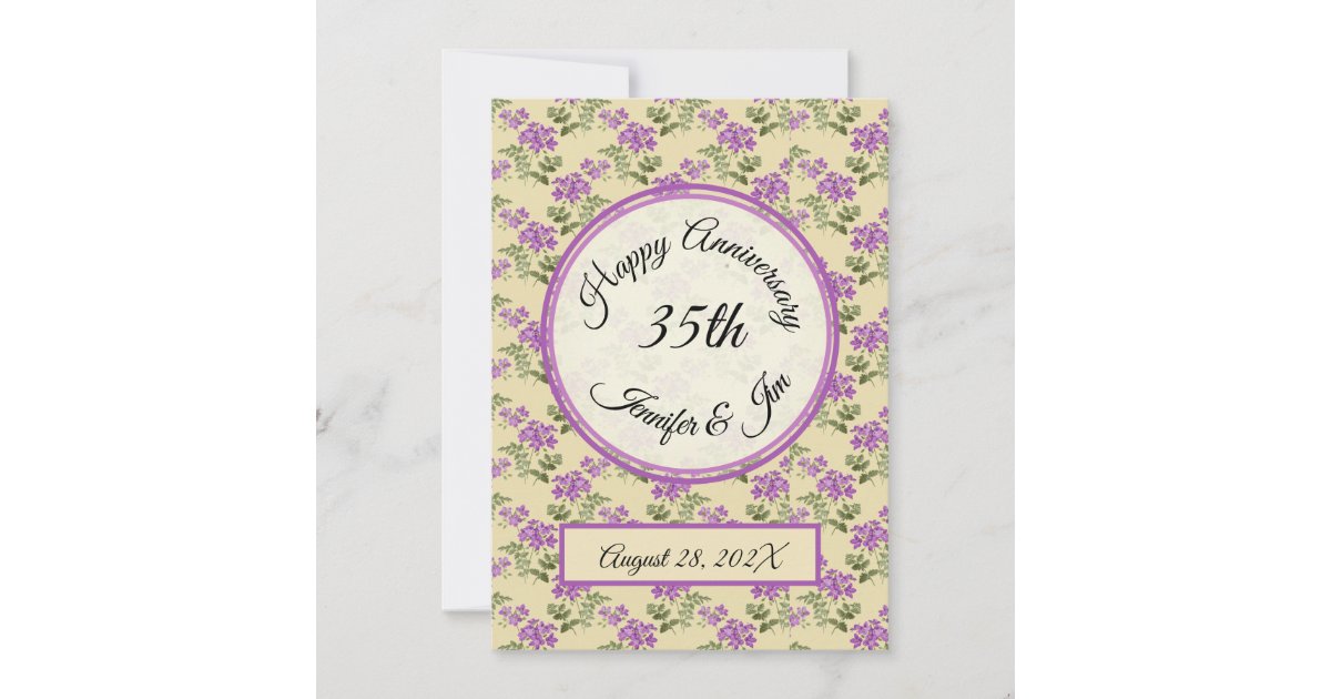 Happy Anniversary Purple Violets on Pale Yellow Invitation | Zazzle
