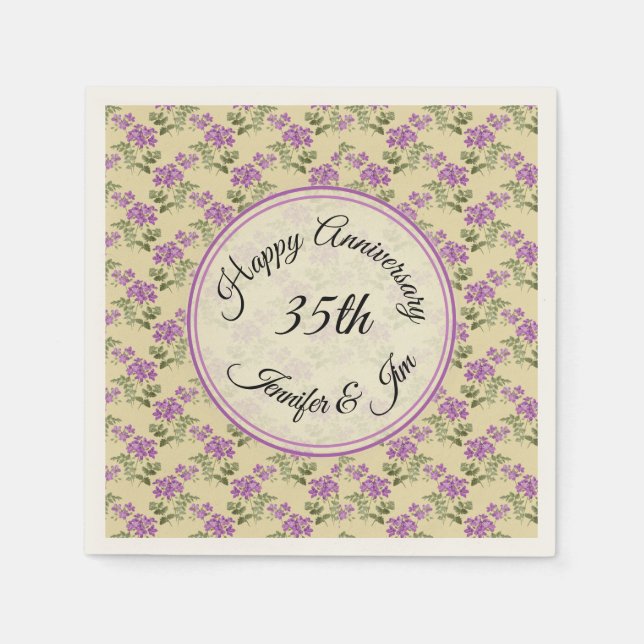 Happy Anniversary Purple Violets on Pale Yellow Napkins (Front)