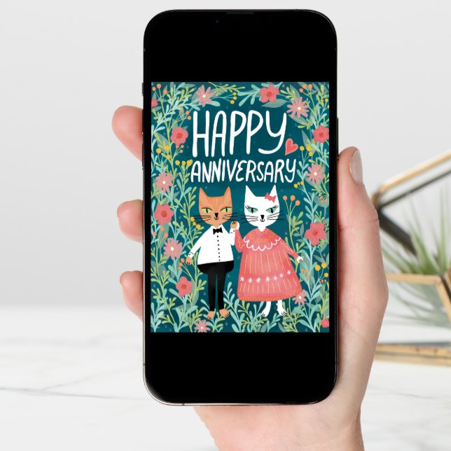 Happy Anniversary Purr-fect Pair Cats Floral Card (Front Digital)