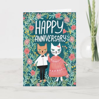 Happy Anniversary Purr-fect Pair Cats Floral Card | Zazzle
