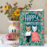 Happy Anniversary Purr-fect Pair Cats Floral Card<br><div class="desc">Also available as a digital download to quickly email and save on postage. Sweet drawing of two cute cats to wish someone a happy anniversary! Click on “Personalize” above to edit the inside text to suit your needs. Then click "edit using design tool" to adjust the fonts, colors and placements....</div>