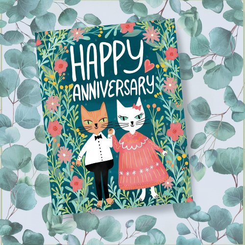 Happy Anniversary Purr_fect Pair Cats Floral Postcard