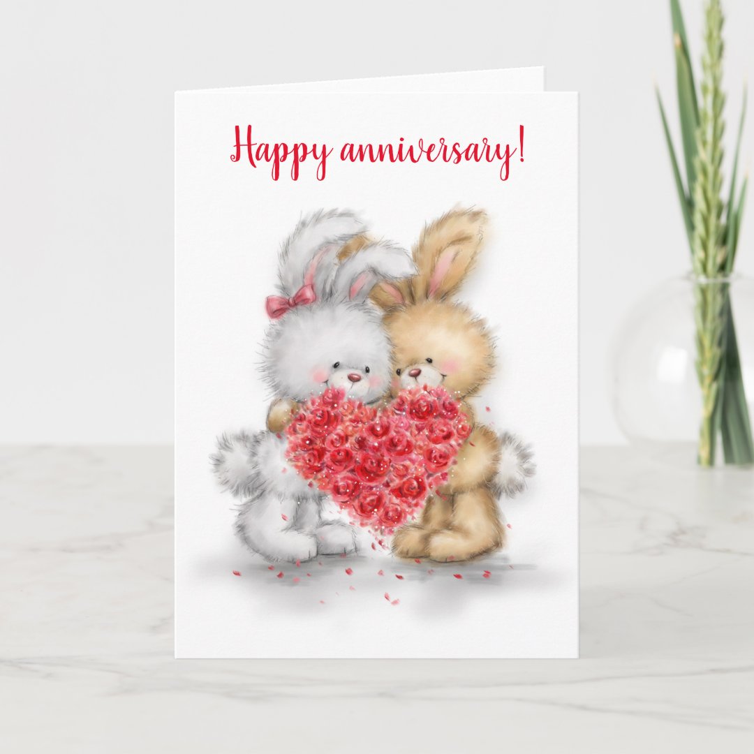 Happy Anniversary, rabbit couple with heart Card | Zazzle