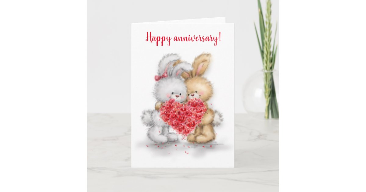 Happy Anniversary, rabbit couple with heart Card | Zazzle