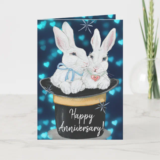 Happy Anniversary Rabbits Magic Top Hat Custom Card | Zazzle