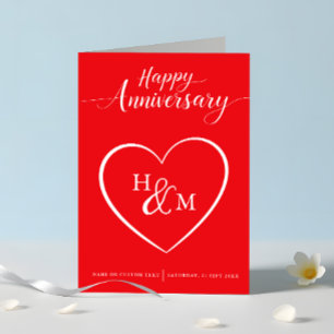 Happy Anniversary Red and White Script Card