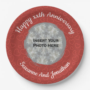 Happy Anniversary Red Hearts Personalized Photo Paper Plates