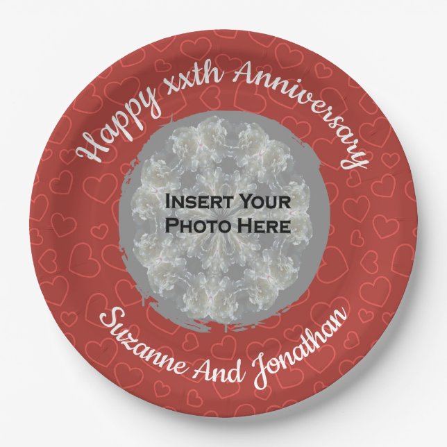 Happy Anniversary Red Hearts Personalized Photo Paper Plates (Front)