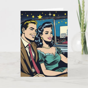 Happy Anniversary Retro Couple at Drive-In Movie Card