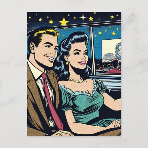 Happy Anniversary  Retro Couple at Drive_In Movie Postcard