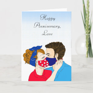 Happy Anniversary Retro Couple Kissing Facemasks Card