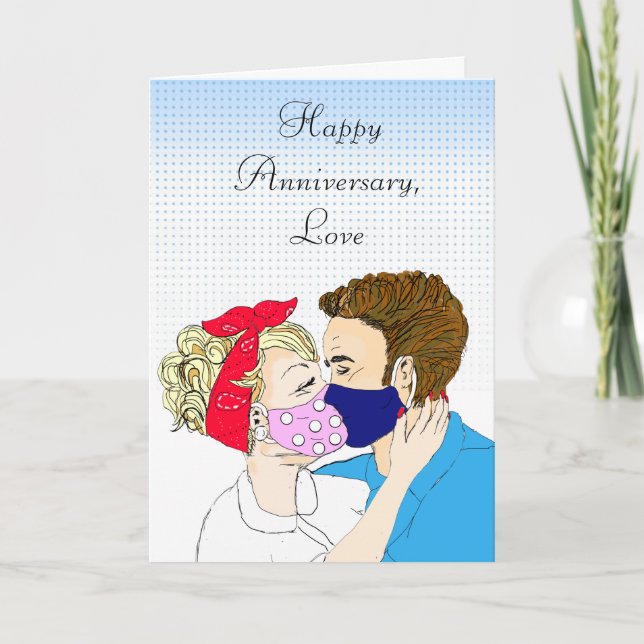 Happy Anniversary Retro Couple Kissing  Facemasks Card (Front)